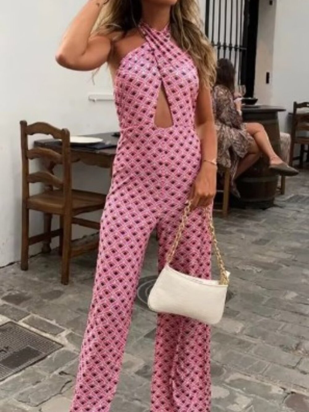 BERSHKA Open Front Criss Cross Geometric Wide Leg Halter Jumpsuit. Size M